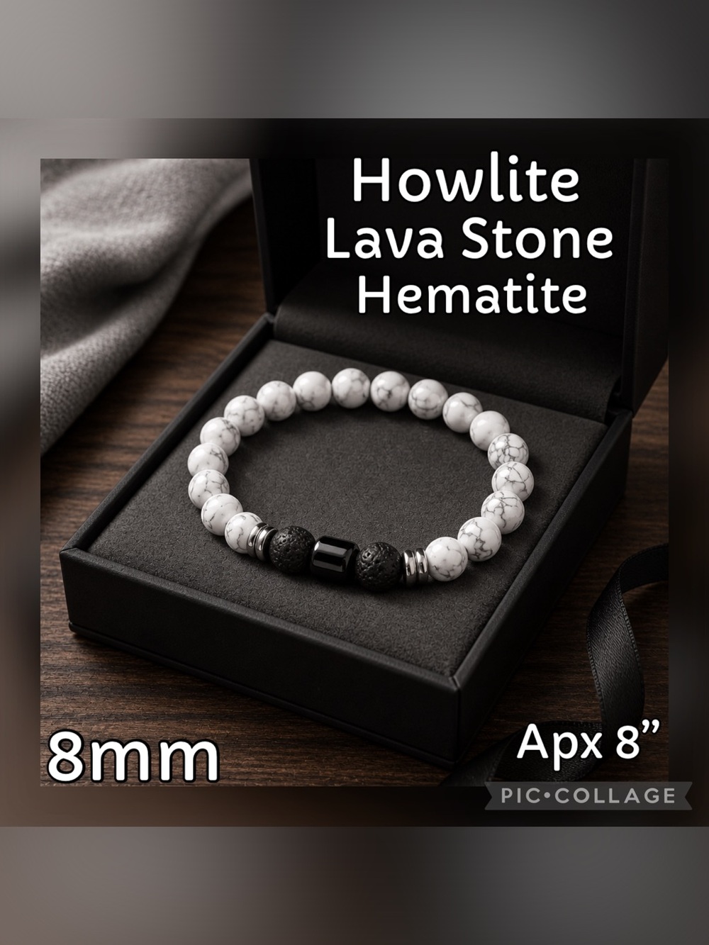 Howlite, Lava Stone & Hematite Beaded Bracelet - White/Black